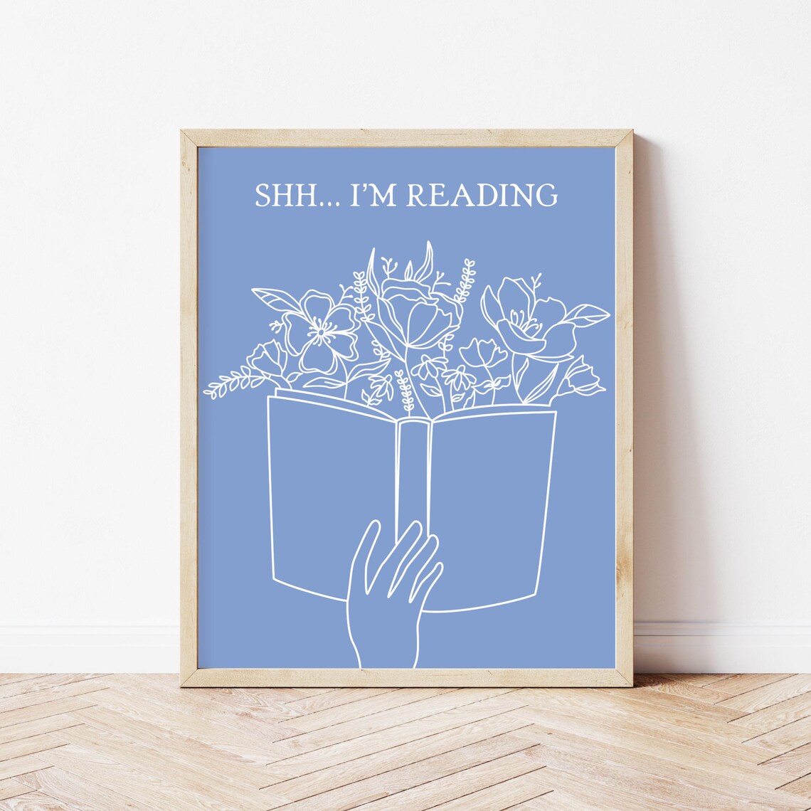 Shh Im Reading Blue Line Art Book Flowers Bookish Quote Poster - Image 3
