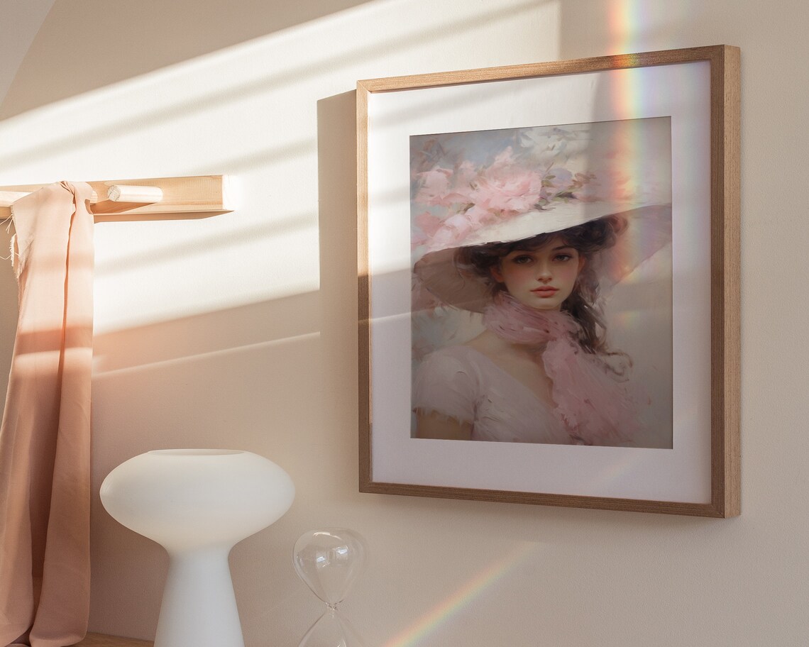 Woman White Hat Pink Peonies Pink Scarf Vintage Portrait Poster - Image 3