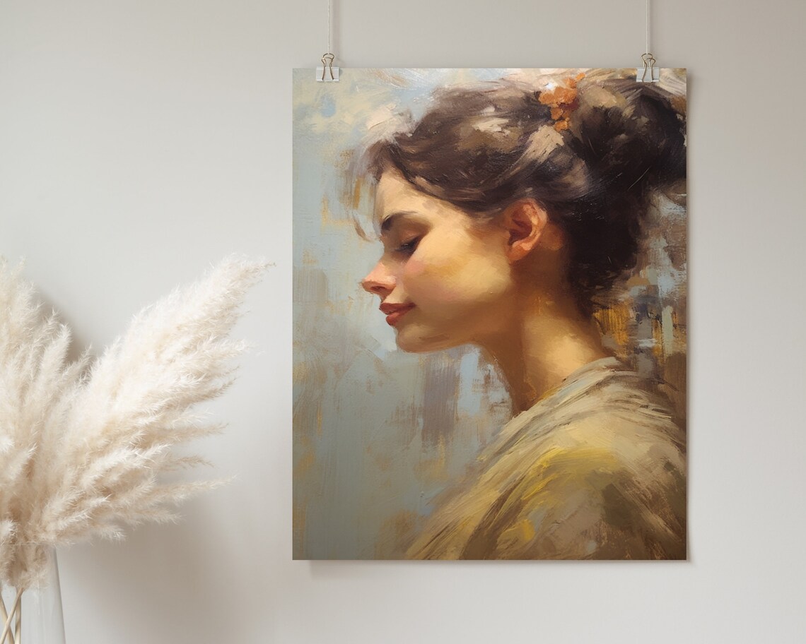 Woman Profile Portrait Orange Flower Gold Shawl Oil Painting Poster - Image 2