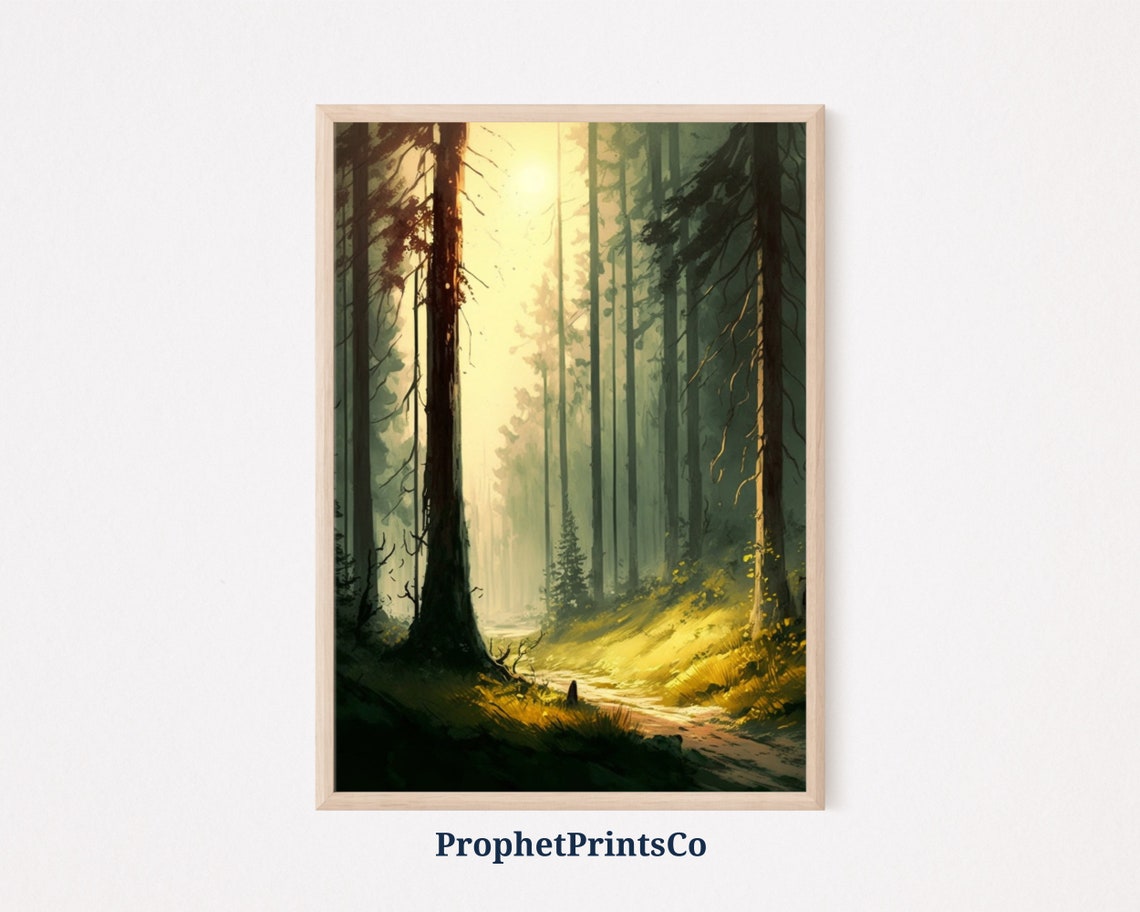 Misty Pine Forest With Sunlight Shaft Golden Woodland Path Poster