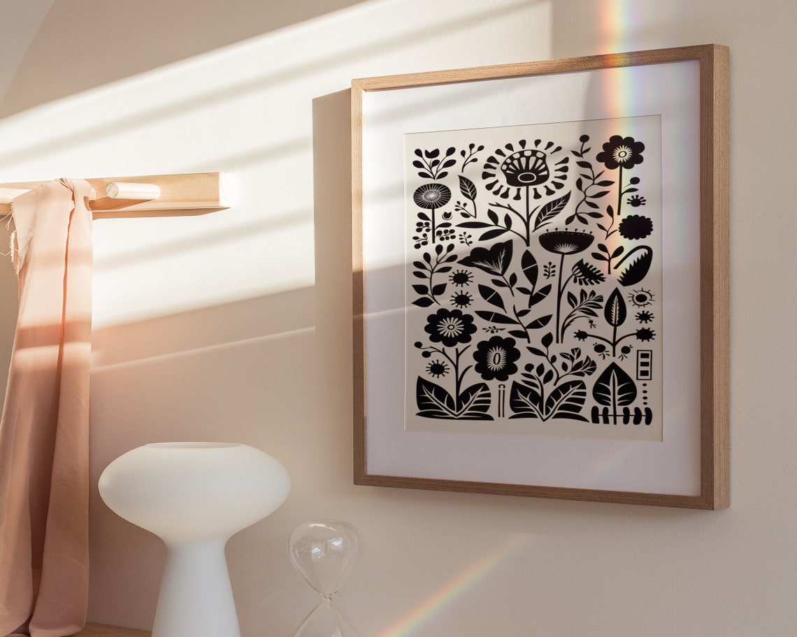 Black and White Dense Wildflower Folk Art Pattern Wall Poster - Image 3