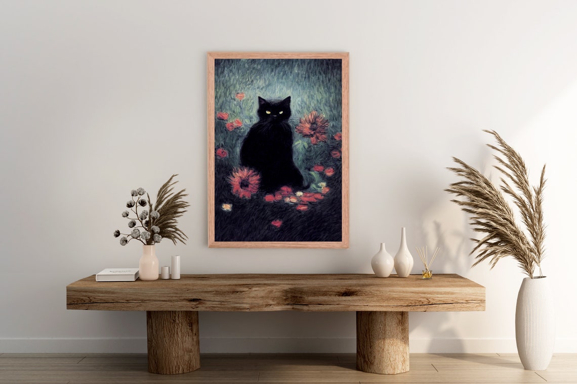 Black Cat Among Red Flowers Moody Dark Floral Feline Art Poster - Image 2