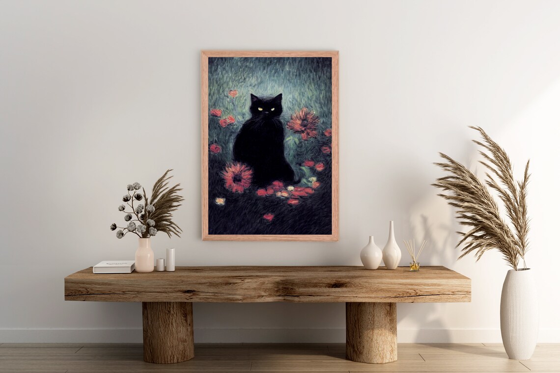 Digitial Black Cat Poster Print Black Cat Wall Art Gift For Cat Lovers Inspired By Monet Wall Art - Image 2