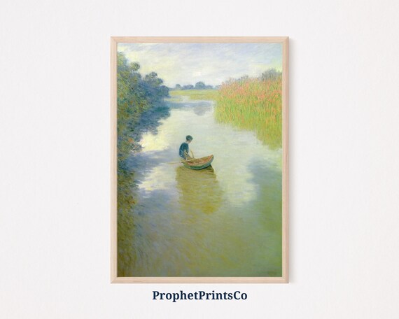 Boy Rowing a Small Boat on a Calm River Impressionist Poster