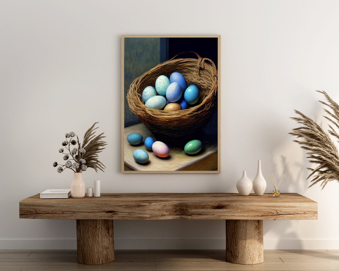 Blue Speckled Eggs in a Woven Basket Still Life Oil Painting Poster - Image 3