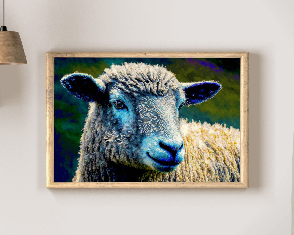 White Sheep Close Up Portrait Vivid Painterly Farm Art Poster - Image 2