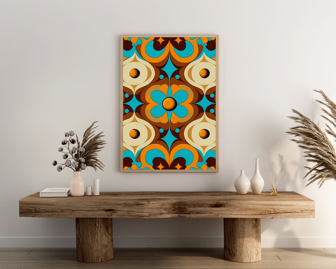 Retro 70s Kaleidoscope Floral Pattern Teal Orange Brown Poster - Image 3
