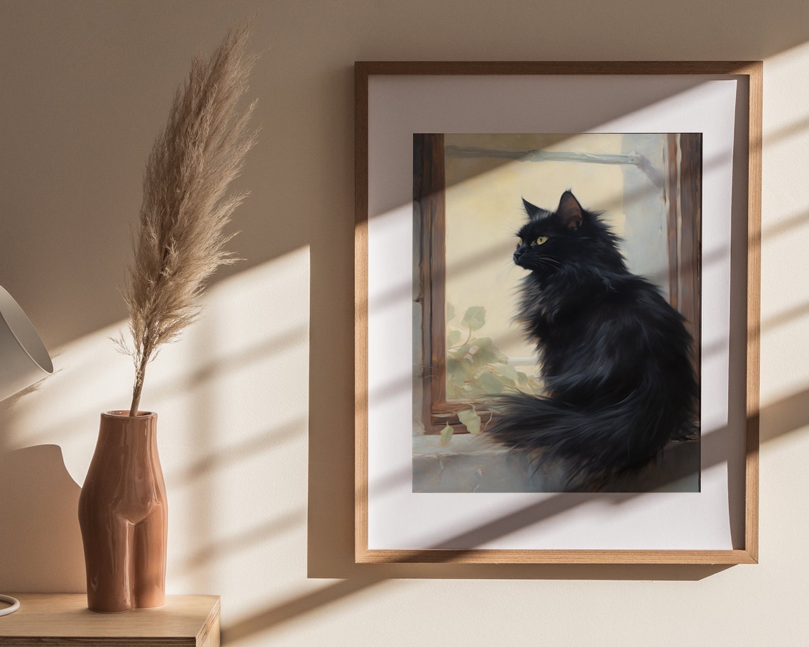 Black Cat On Windowsill Oil Painting Moody Cat Portrait Poster - Image 4