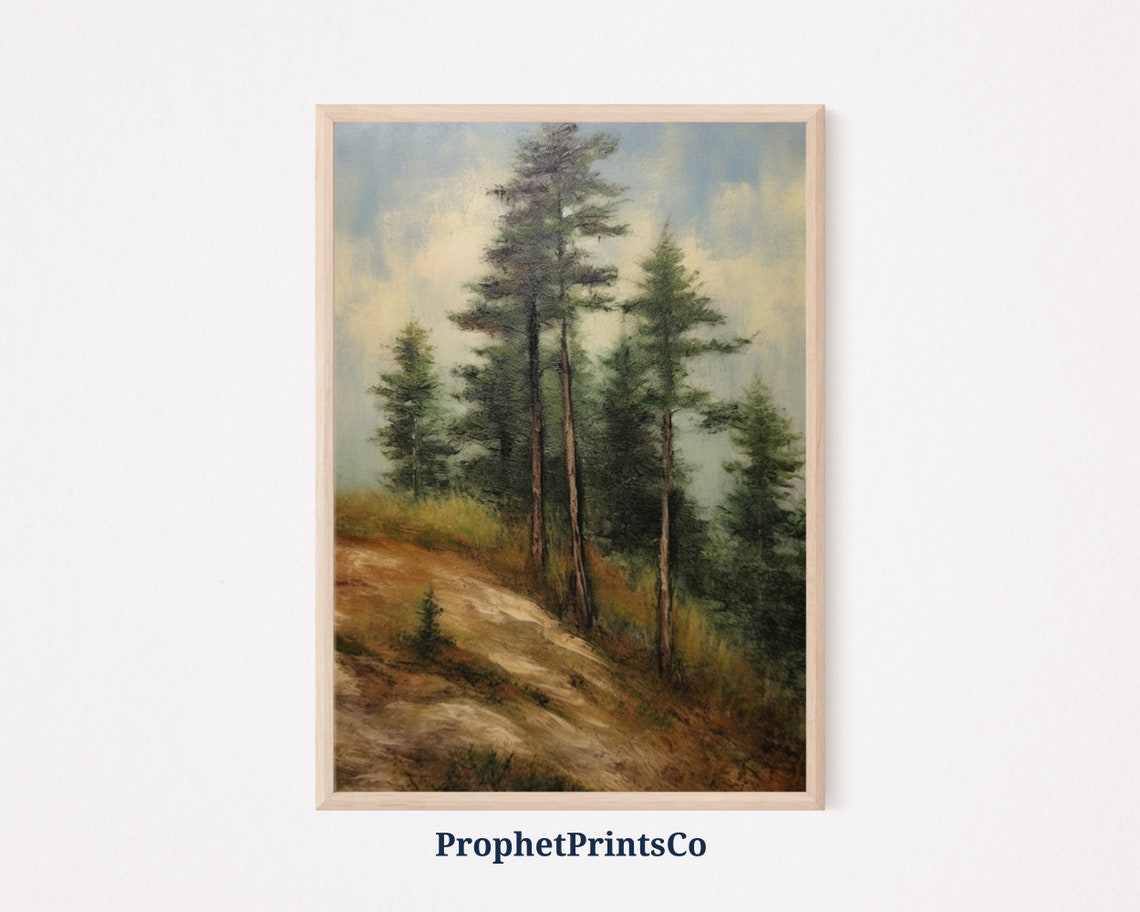 Tall Pine Trees Hillside Oil Painting Vintage Soft Hazy Forest Poster