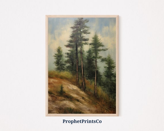 Soft Tonal Pine Trees Oil Painting Foggy Forest Wall Art Pine Tree Painting Rustic Wall Dcor Wall Art