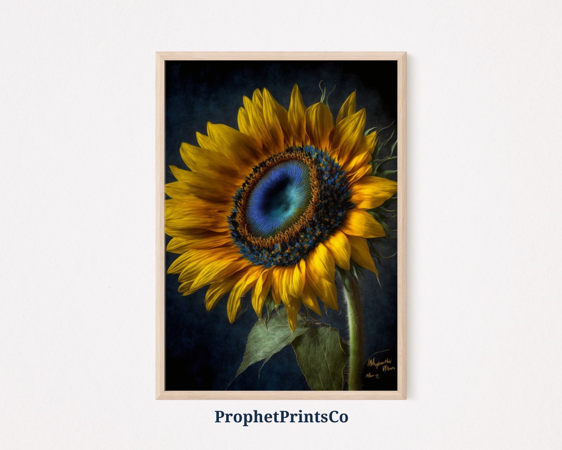 Sunflower Close Up Poster Golden Petals with Teal Blue Center Design