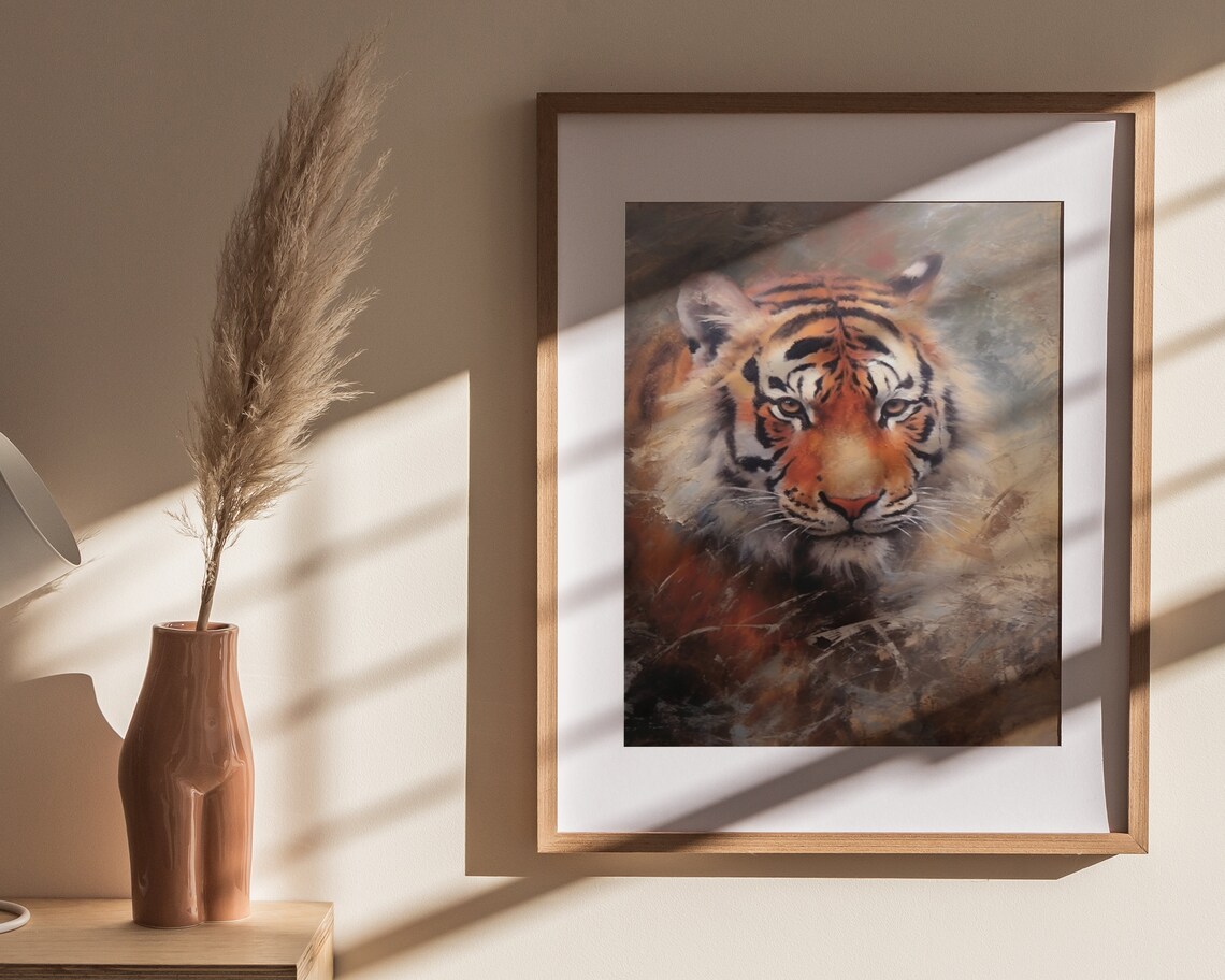 Majestic Tiger Face Close Up Amber Oil Painting Style Poster - Image 4