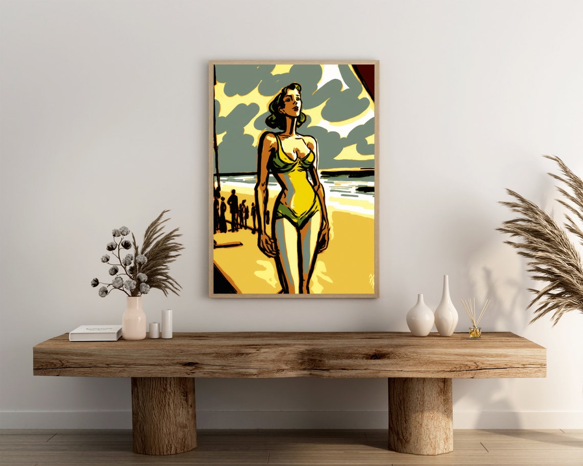 Woman In Yellow Swimsuit Walking On Beach Retro Pop Art Poster - Image 3