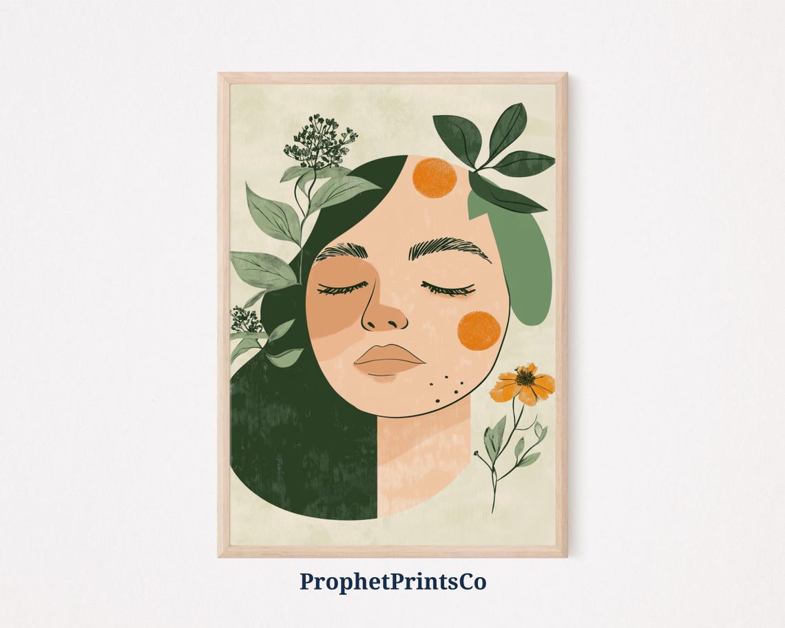 Tranquil Female Portrait Green And Orange Botanical Abstract Poster