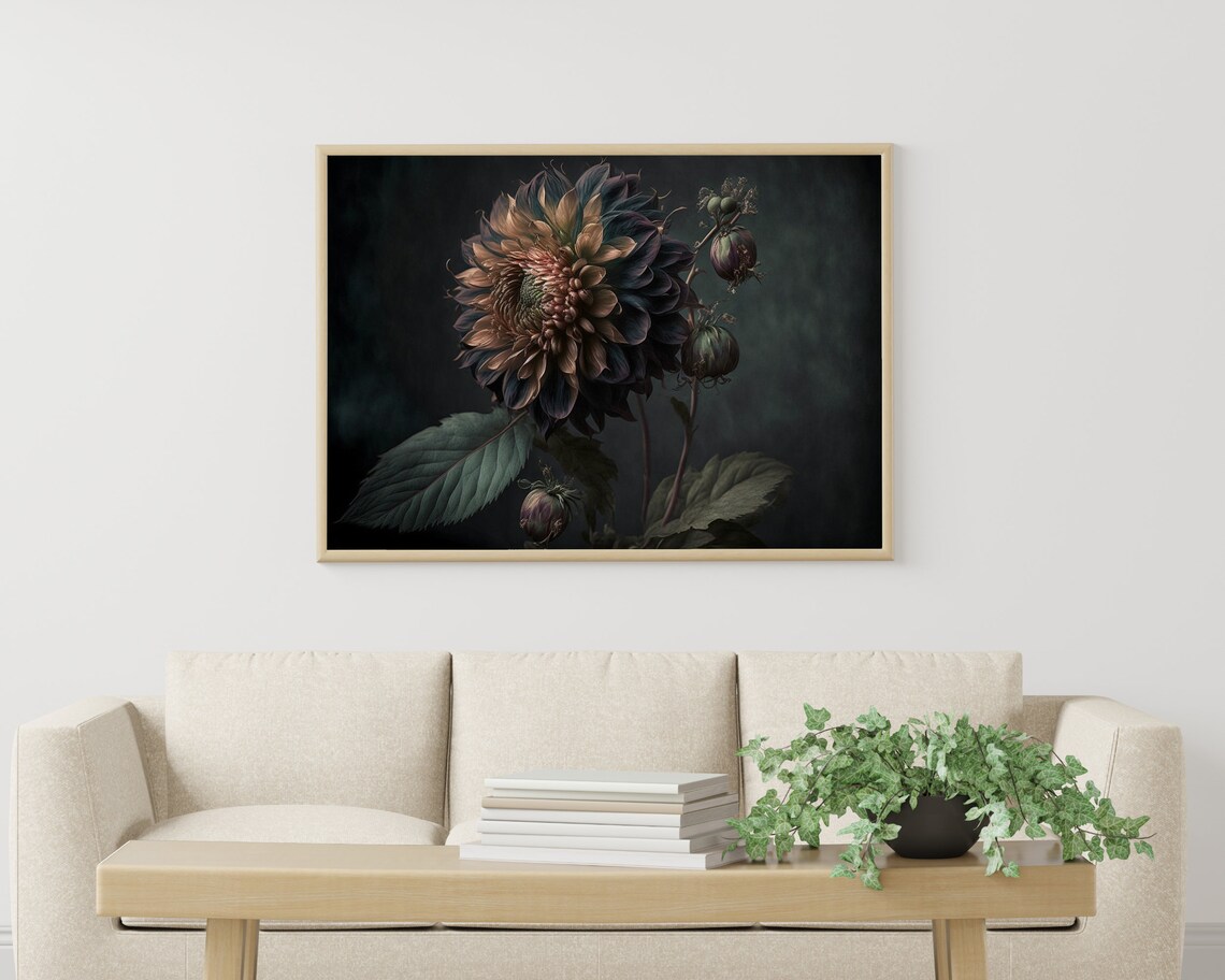 Moody Vintage Copper Dark Bloom With Buds on Black Background Art Poster - Image 3