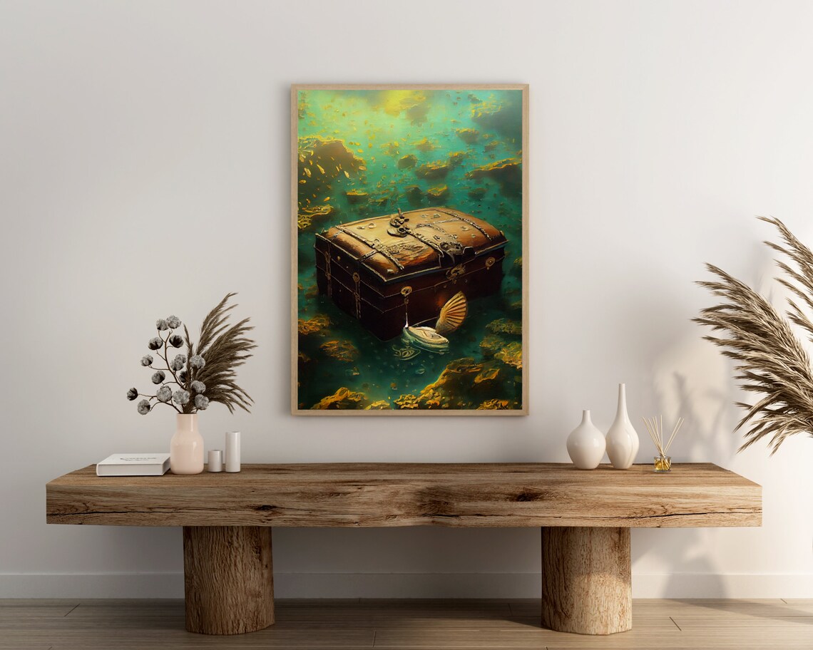 Pirate Treasure Chest on Ocean Floor Pearls Sunken Gold Art Poster - Image 3
