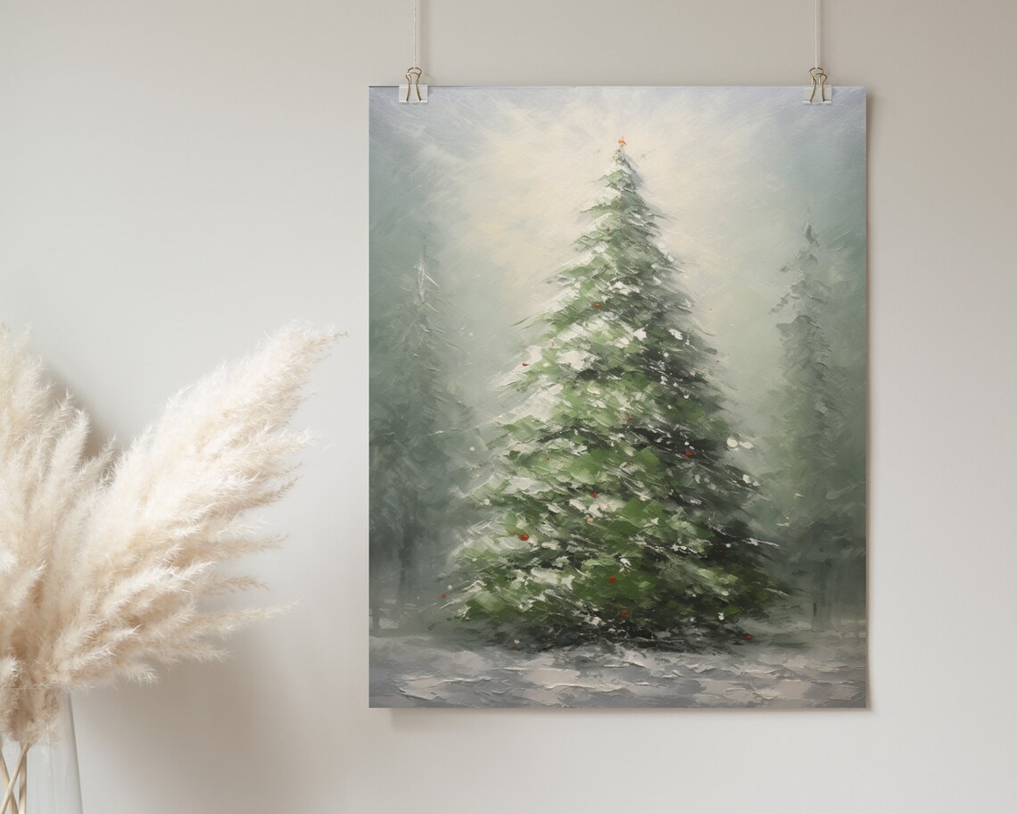 Snowy Christmas Tree Red Berries Misty Winter Oil Painting Poster - Image 2