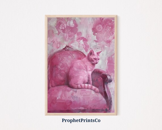 Pink Cat on Velvet Chair Floral Oil Painting Cozy Glam Decor Poster