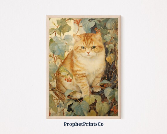 Ginger Cat Resting in Berry Vines Vintage Autumn Feline Portrait Painting Poster