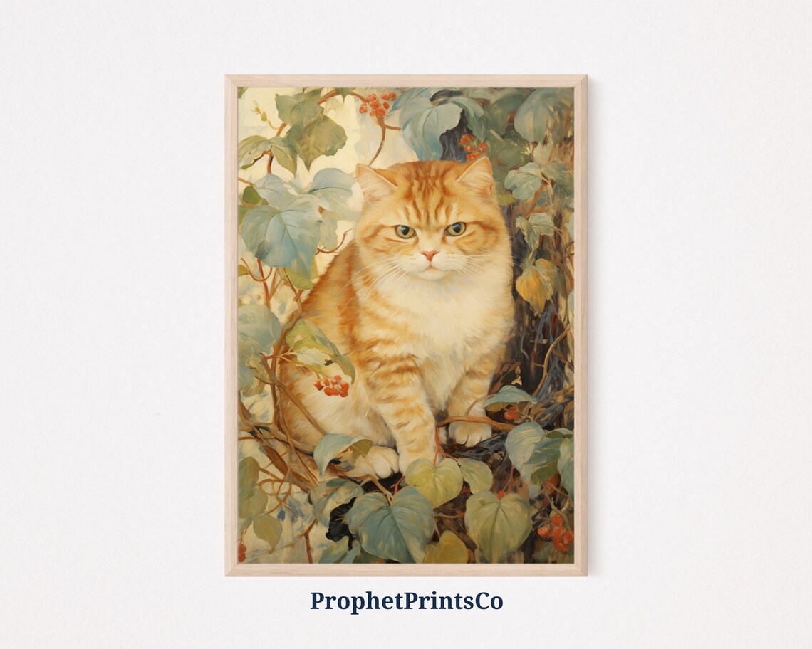 Ginger Cat Resting in Berry Vines Vintage Autumn Feline Portrait Painting Poster