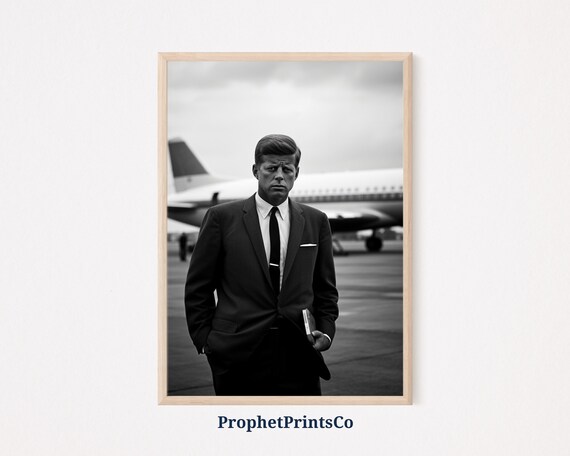 John F Kennedy Walking Before Airplane Vintage Tarmac Photo Poster