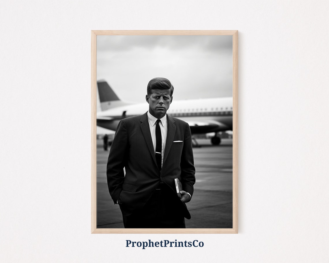 John F Kennedy Walking Before Airplane Vintage Tarmac Photo Poster