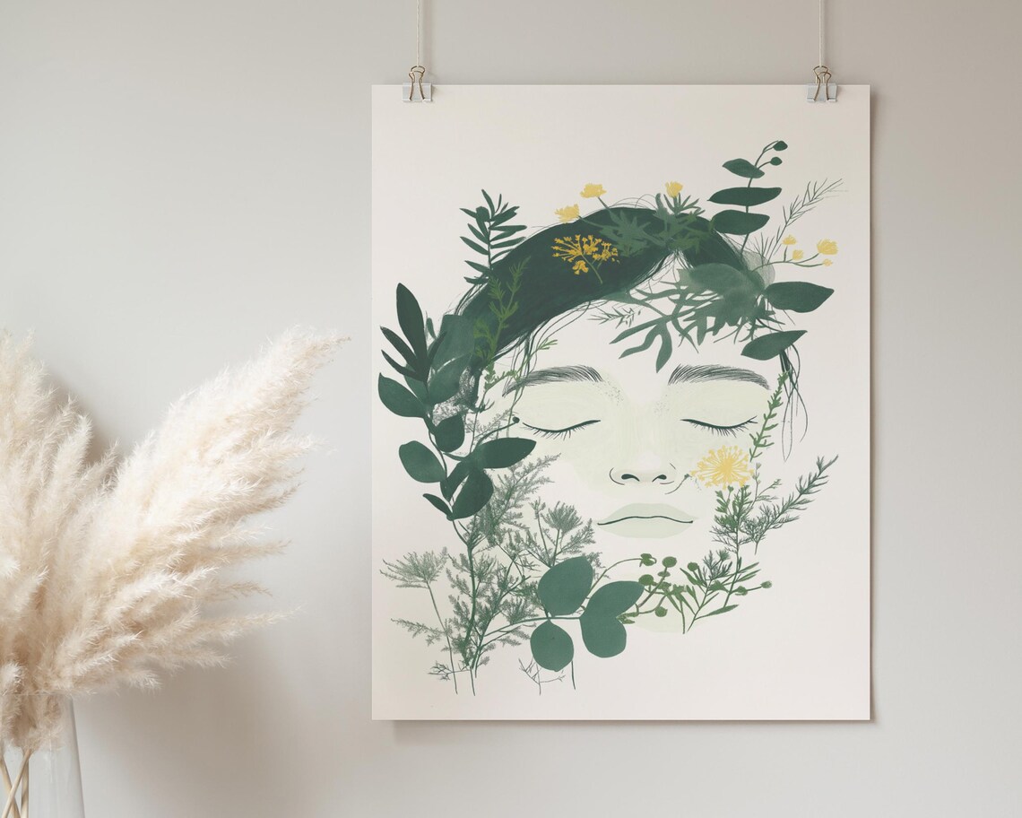 Botanical Woman Face With Leaves And Yellow Flowers Portrait Poster - Image 2