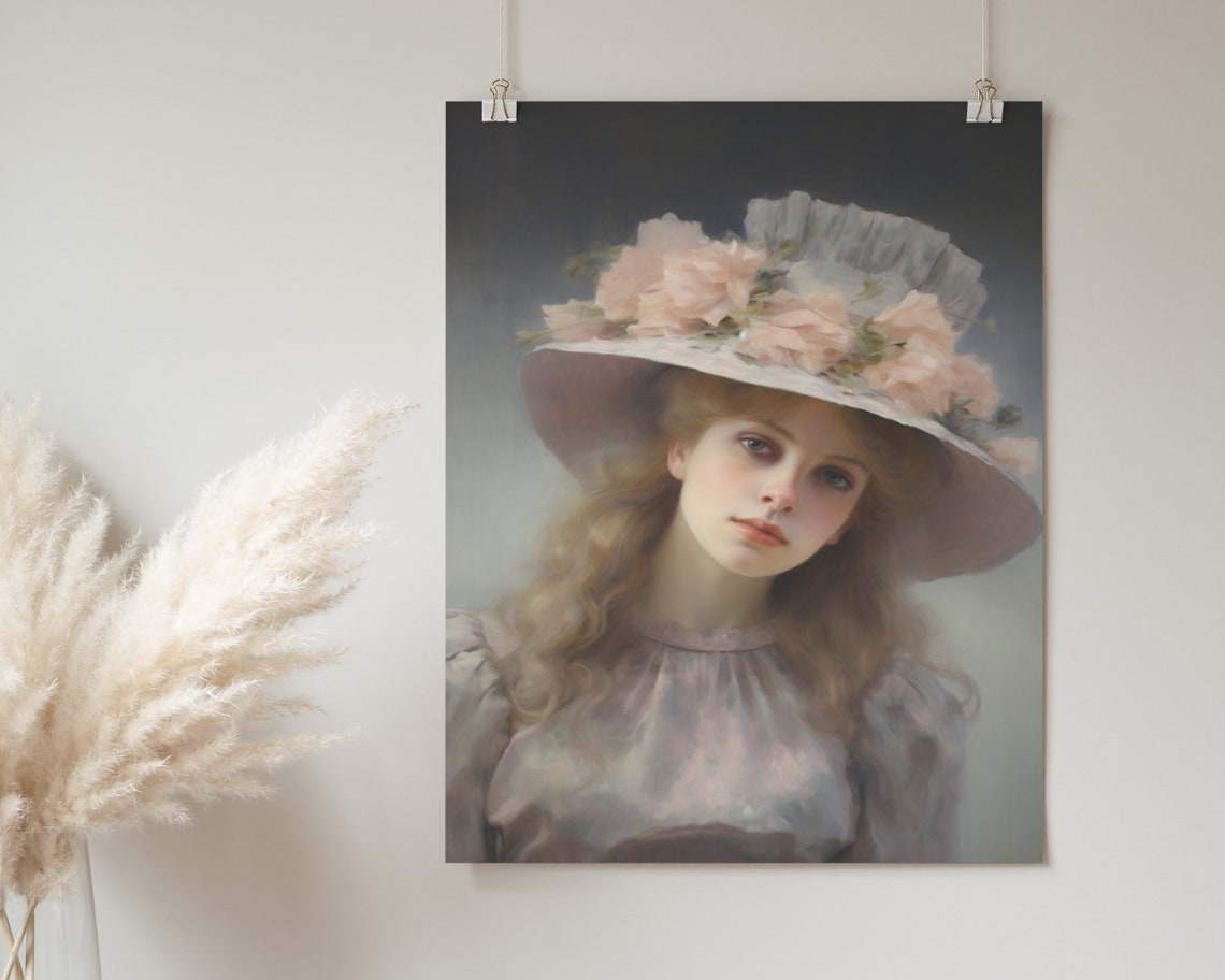 Coquette Vintage Lady Floral Hat Soft Pastel Portrait Wall Poster - Image 2