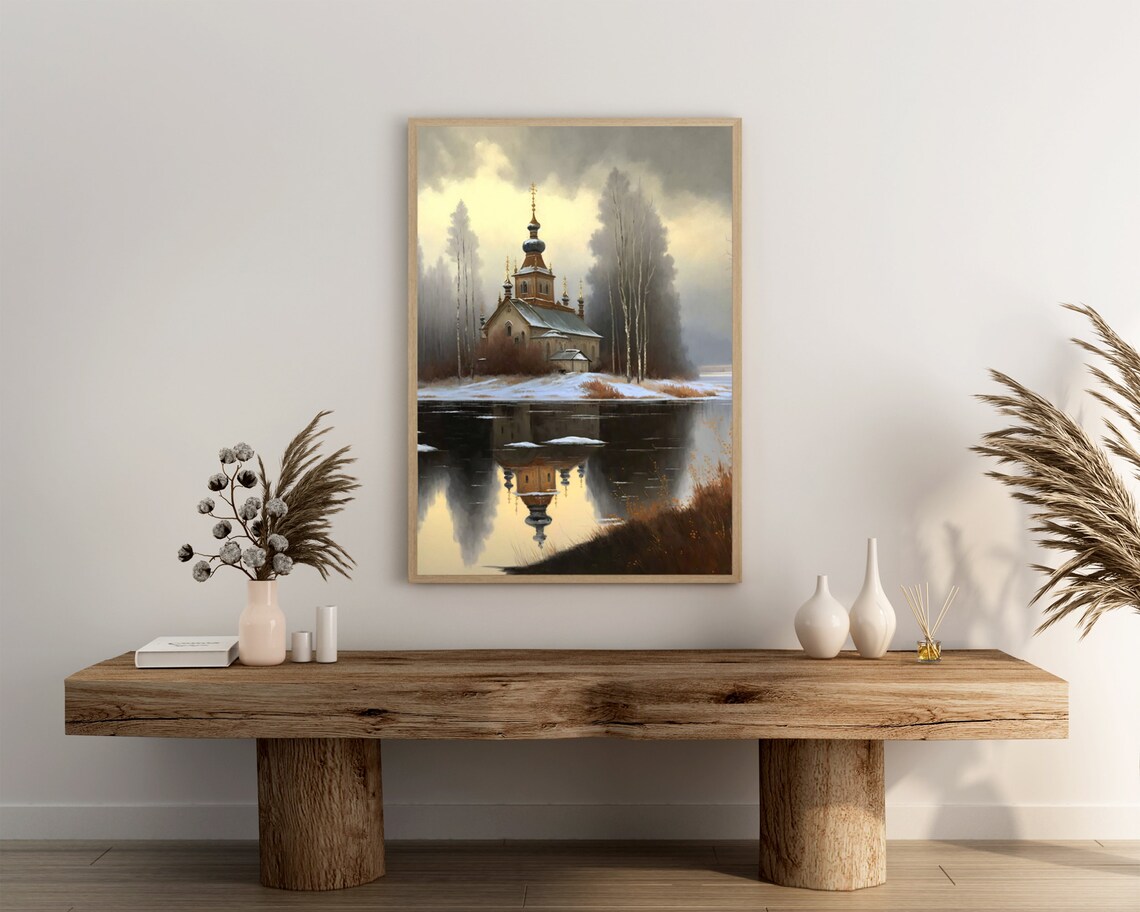 Orthodox Church Onion Dome Snowy Birch Winter River Art Poster - Image 3