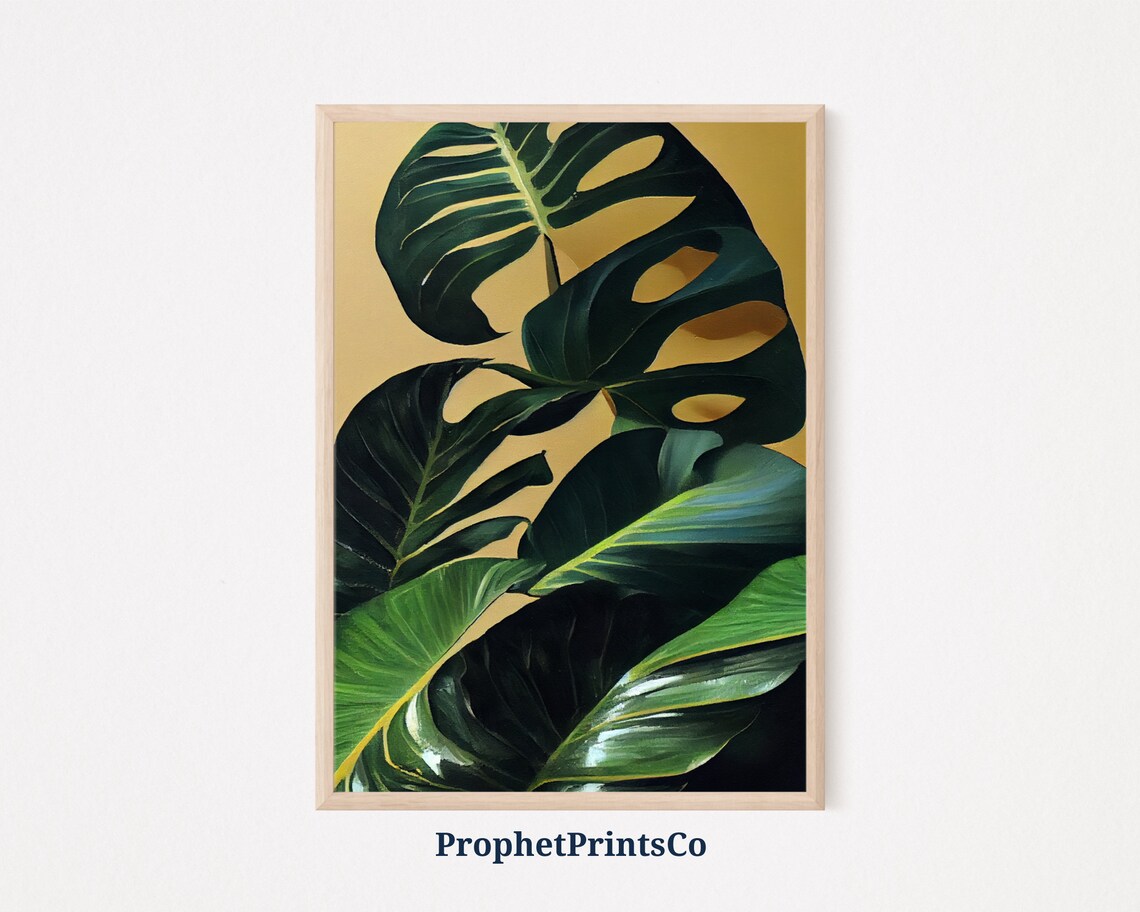 Monstera Leaves on Gold Background Tropical Botanical Oil Art Poster