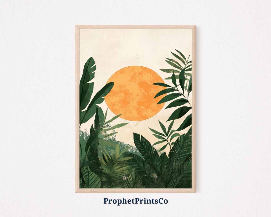 Tropical Sunset Jungle Leaves Orange Sun Modern Nature Poster
