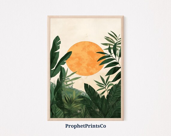 Tropical Sunset Print Botanical Wall Art Minimalist Jungle Decor Earthy Tones Art Nature Inspired Room Decor Wall Art