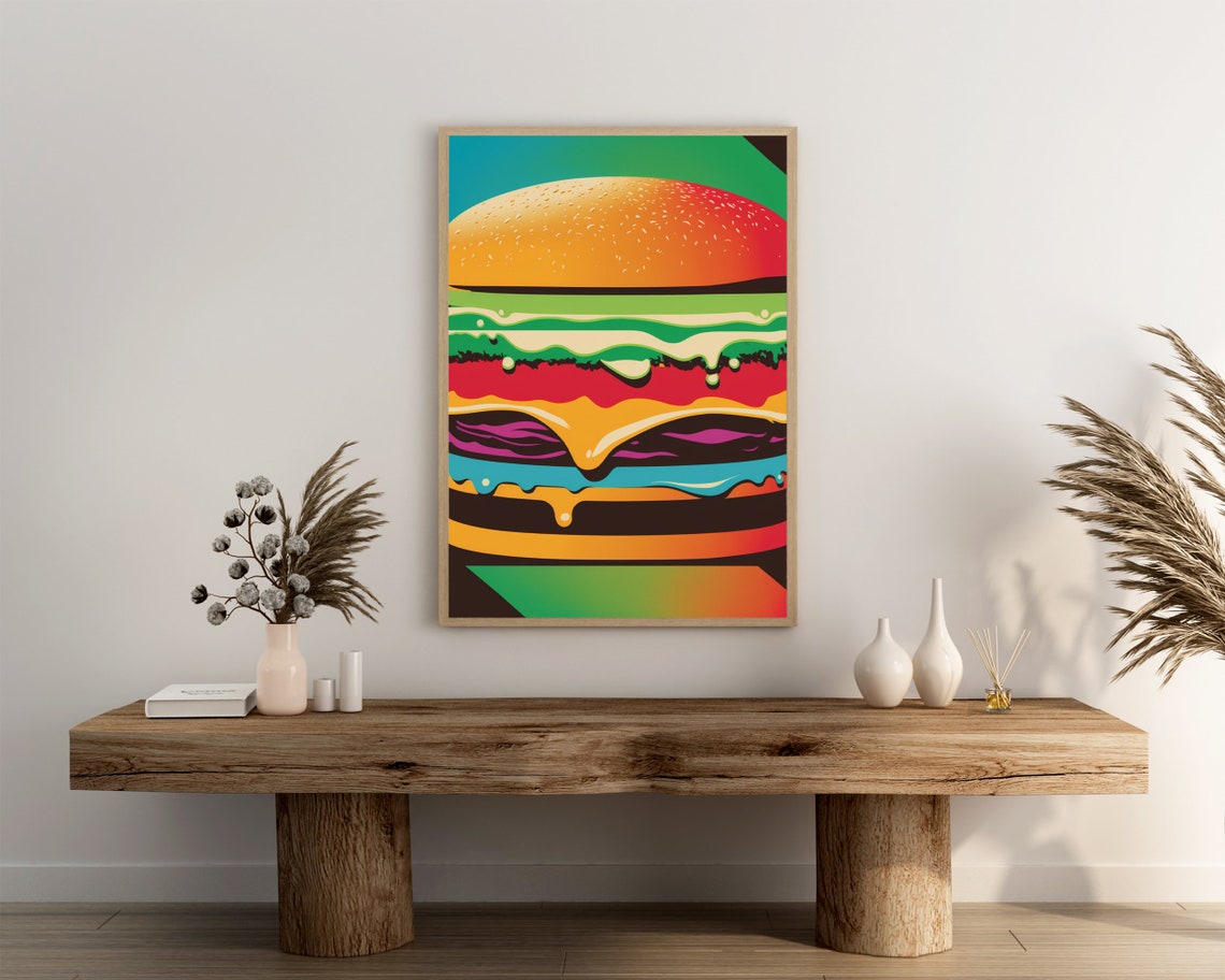 Rainbow Burger Pop Art With Dripping Melted Cheese Layers Fun Poster - Image 3