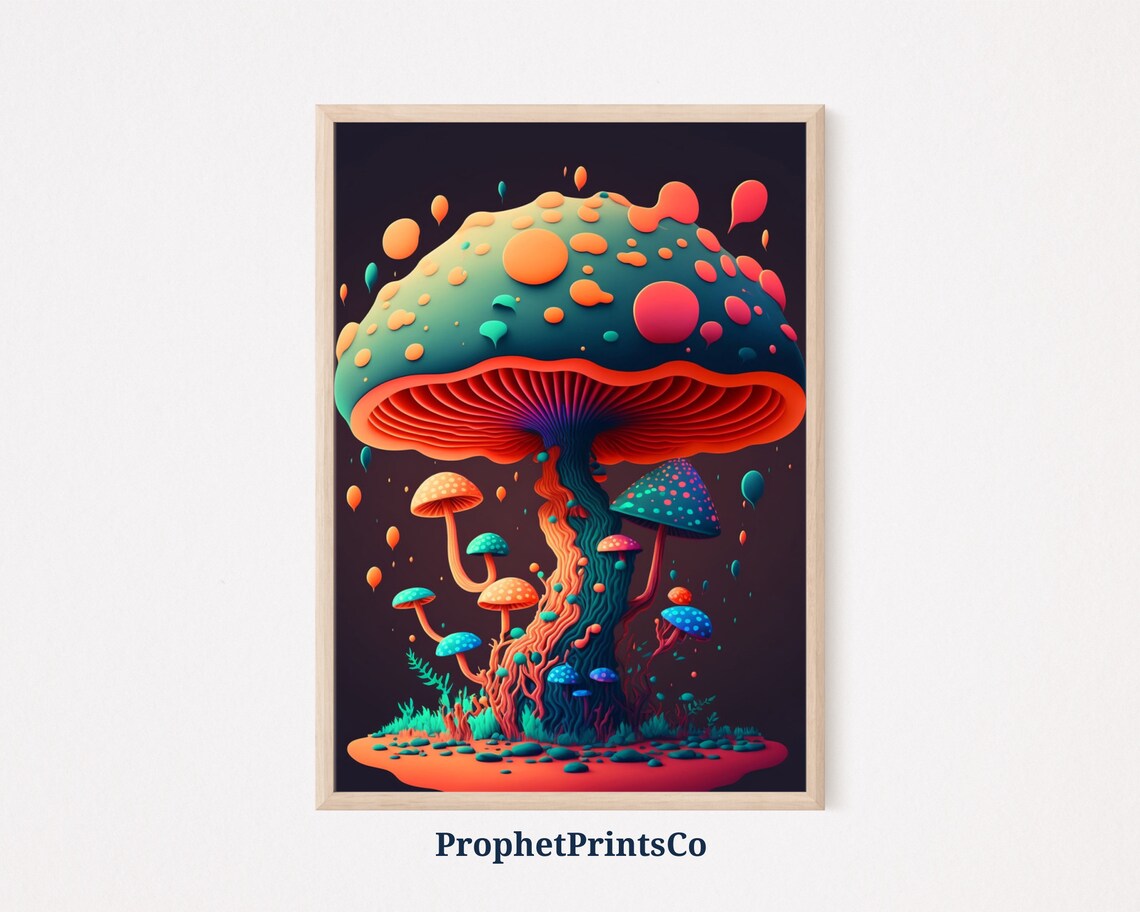 Colorful Trippy Mushroom With Teal Cap And Red Gills Surreal Poster