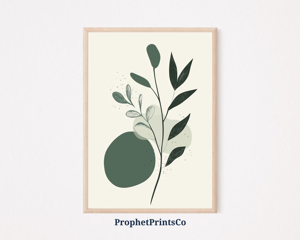 Minimal Sage Sprig Line Drawing Green Circle Cream Decor Poster