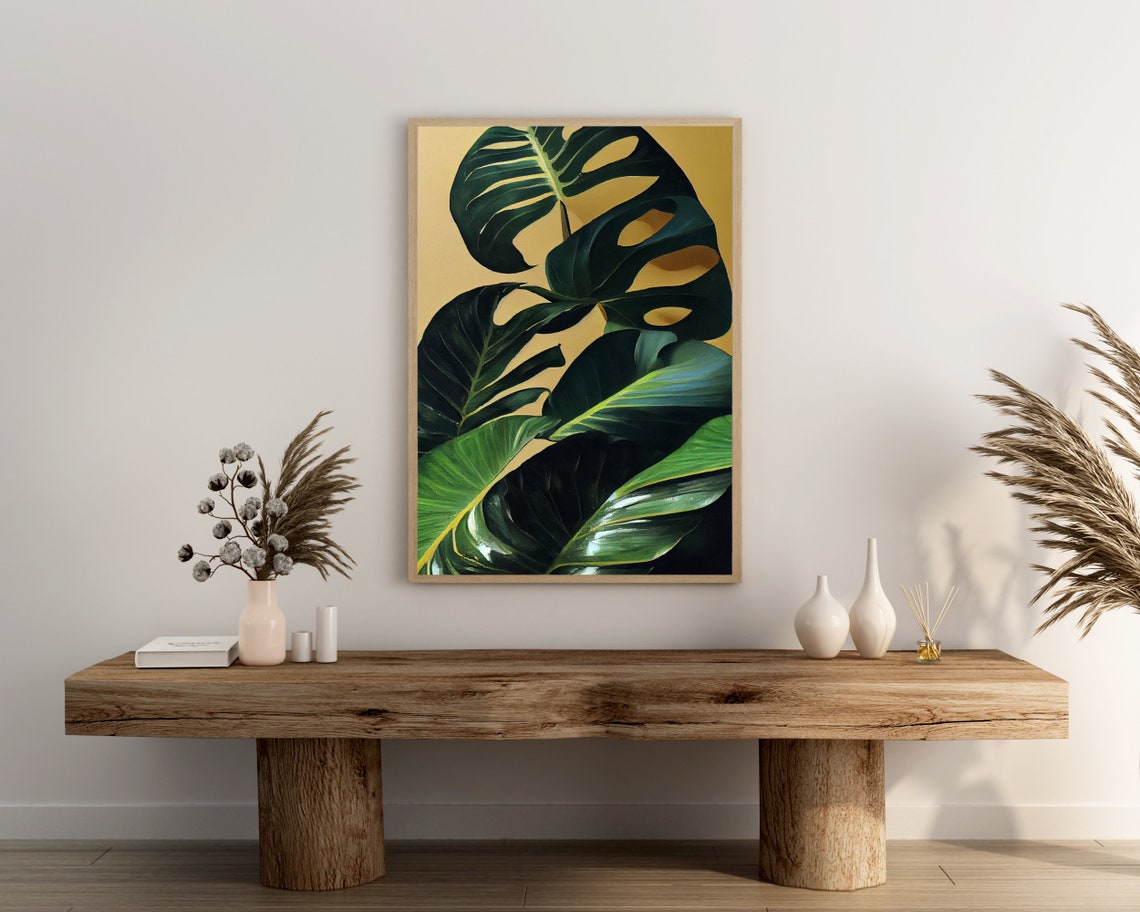 Monstera Leaves on Gold Background Tropical Botanical Oil Art Poster - Image 3