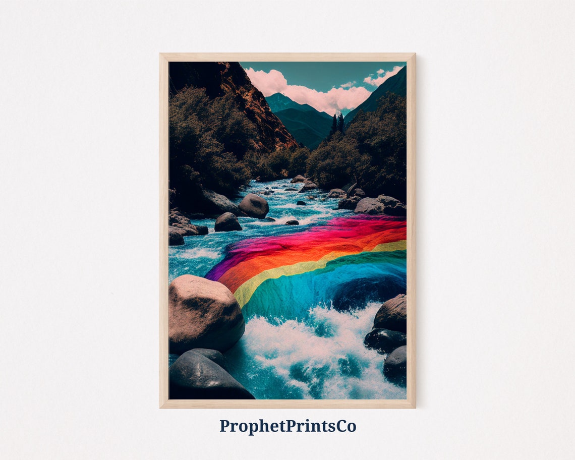 Rainbow Ribbon Waterfall Mountain River Rapids Nature Poster