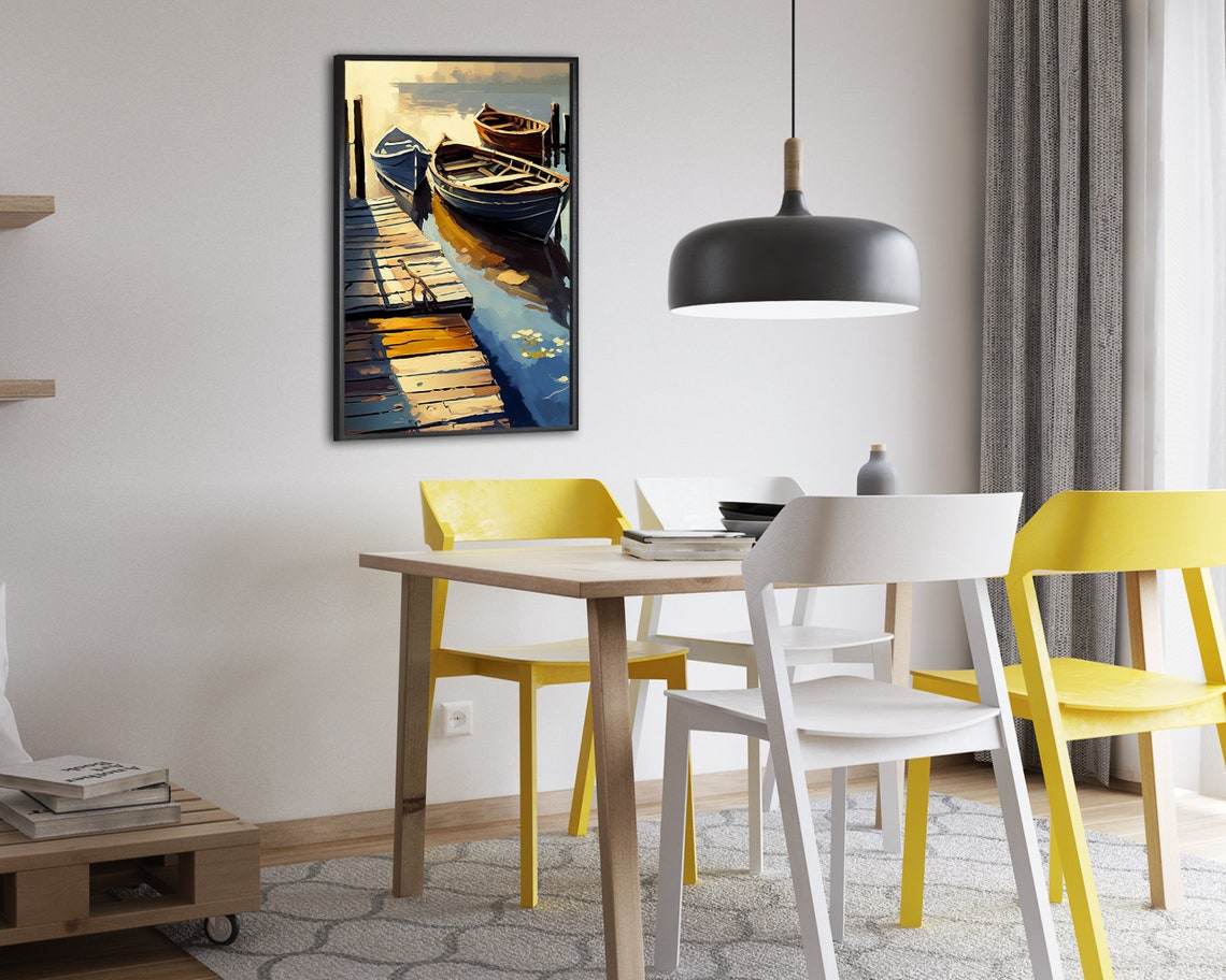 Wooden Boats At Misty Harbor Dock Impressionist Nautical Oil Poster - Image 2