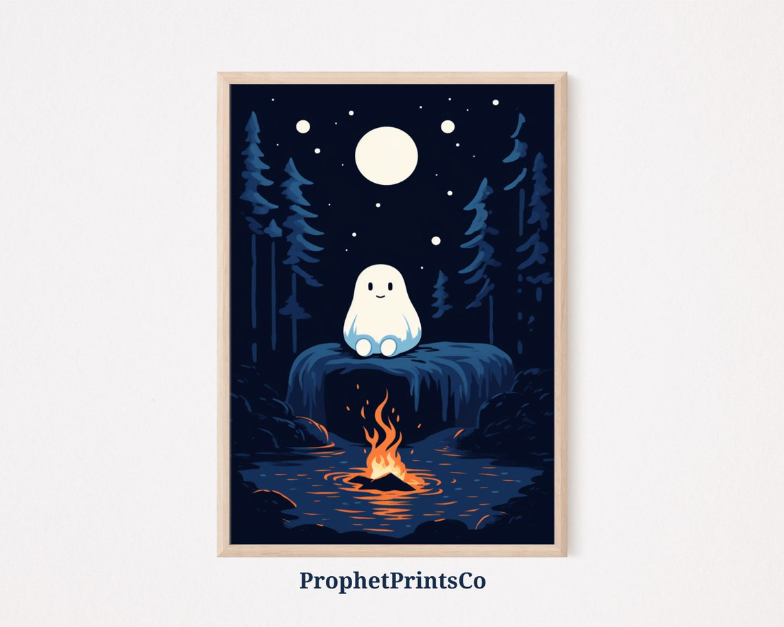 Cute Ghost By Campfire Under Full Moon Forest Night Art Poster