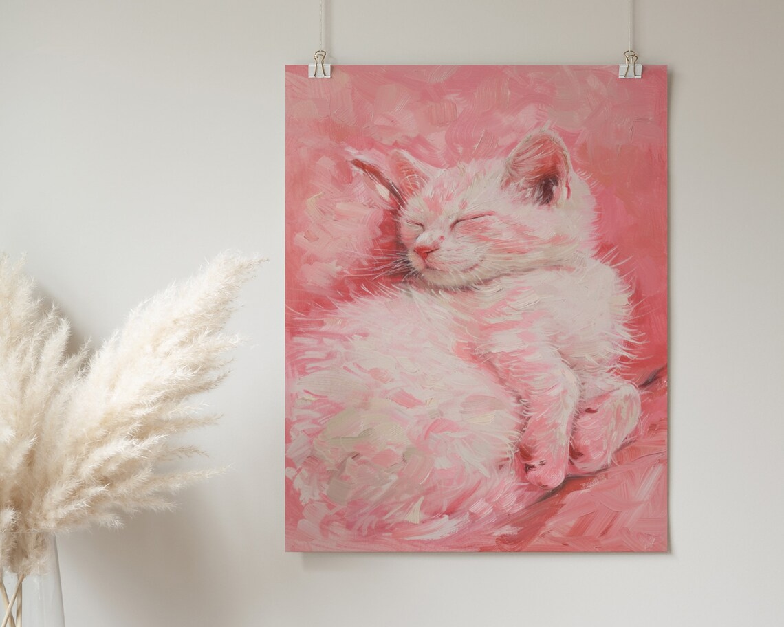 Sleeping Pink Kitten Cozy Oil Painting Sweet Dreamy Nursery Poster - Image 2