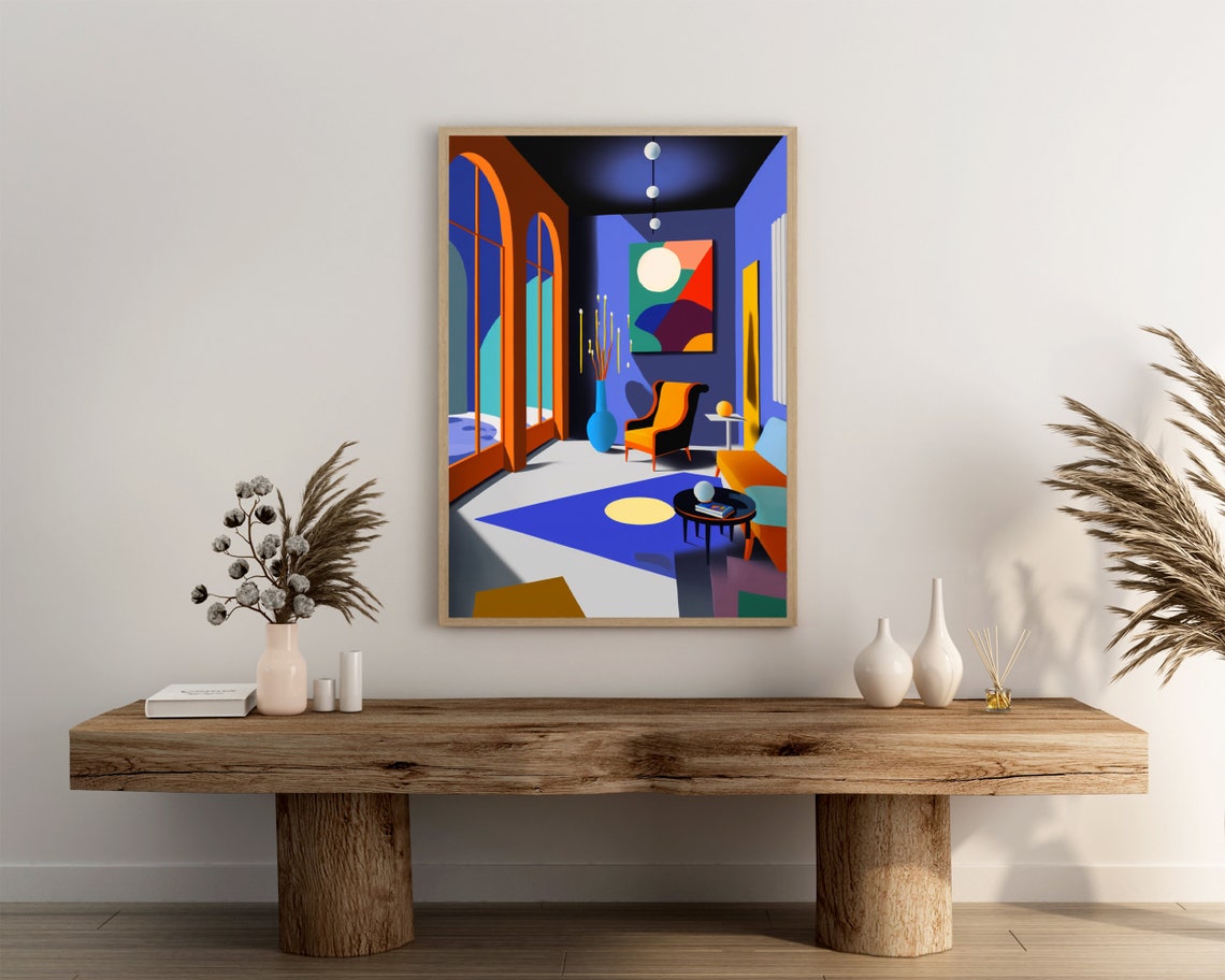 Retro 80s Living Room Poster Orange Armchair with Bold Blue Accents - Image 3