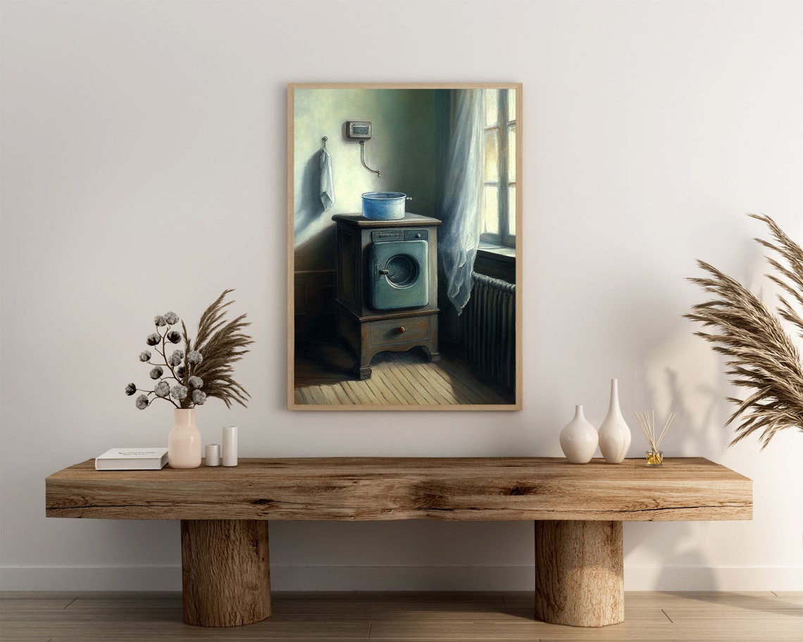 Moody Vintage Washer Oil Painting Dark Laundry Room Nostalgic Poster - Image 3