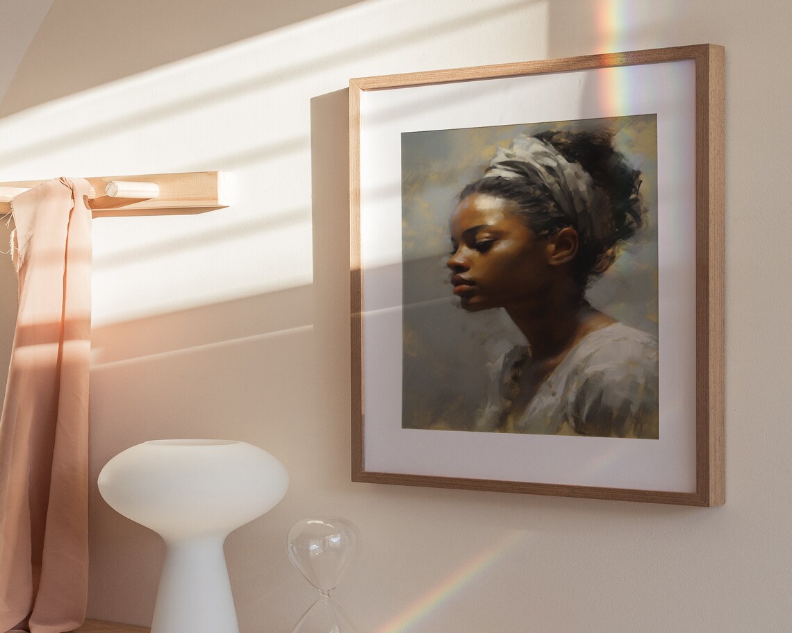 Black Woman Profile Silver Headband Soft Glow Oil Painting Poster - Image 3