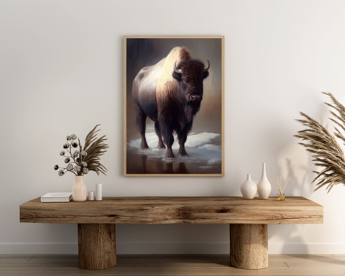 Bison Wading Through Snowy Water in Winter Light Oil Painting Poster - Image 3