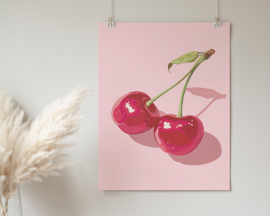 Glossy Cherry Pair Long Shadow Pink Pop Art Retro Fruit Kitchen Poster - Image 2