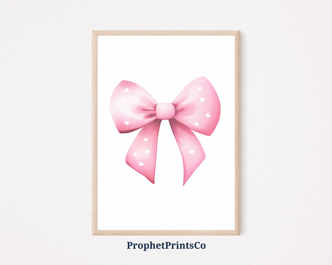Pink Polka Dot Watercolor Bow Minimalist Girls Room Wall Poster