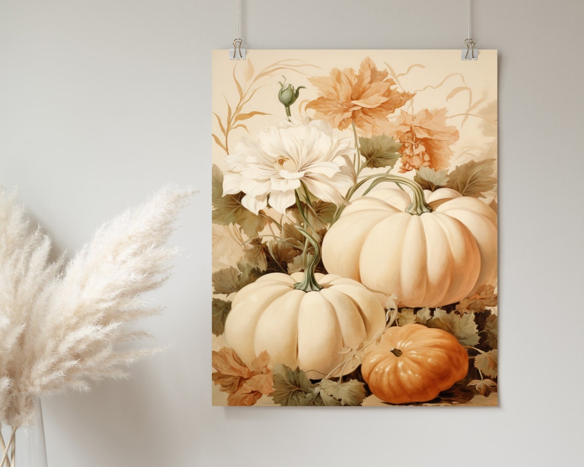White Pumpkins And Blush Flowers Vintage Fall Botanical Poster - Image 2