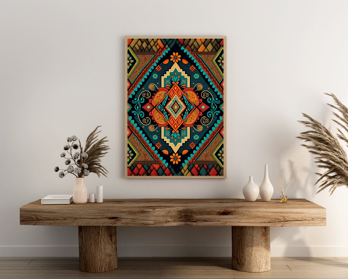 Symmetrical Geometric Diamond Mandala Tribal Style Art Poster - Image 3