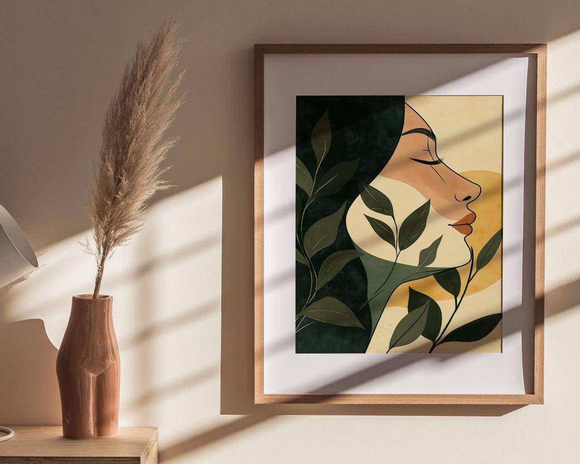 Golden Hour Botanical Woman Profile Floral Leaf Silhouette Poster - Image 4
