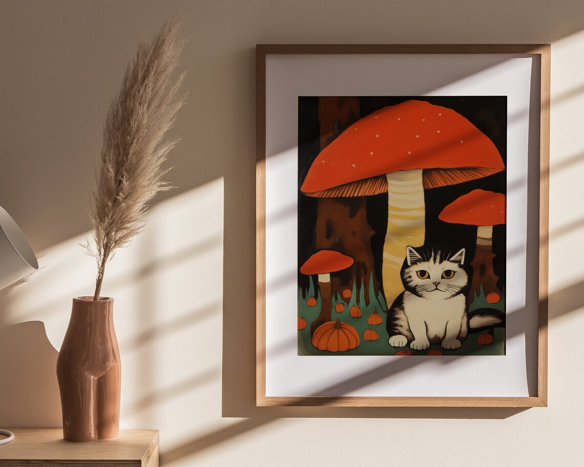Vintage Black Cat With Red Mushrooms Pumpkin Autumn Art Poster - Image 4